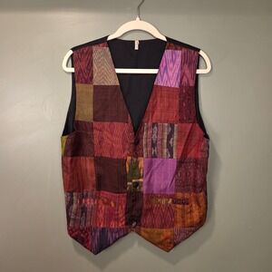Patchwork 100% Silk Vest Boho Festival Hippie, Men's Size L, Black & Multi